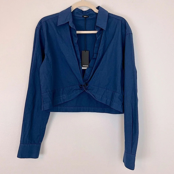 Monrow Top and Skirt Set Twist Front Cotton Poplin French Navy Small Classic - Picture 1 of 6